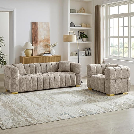 VANOMi Sofa and Chair Set, Modern Deep Seat Couch & Boucle Sofa Chairs, Oversized Upholstered Couch Sets for Living Room, Bedroom, Office, Apartment, Camel (2 Pieces)
