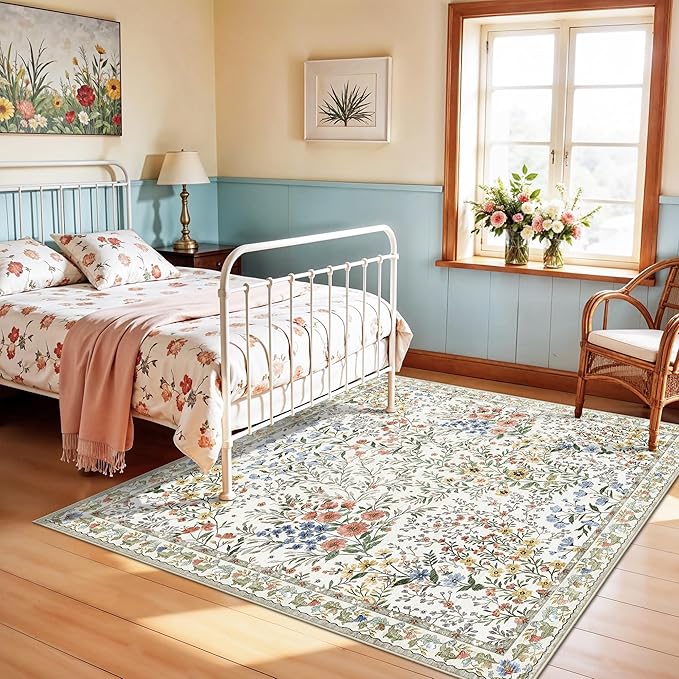 7x7 Vintage Floral Dining Room Rug - 7ft Square Low Pile Non Slip Machine Washable Area Rug, Indoor Carpet for Under Table/Bed Living Room Bedroom Office Nursery Entryway Playroom (7ft Square, Beige)