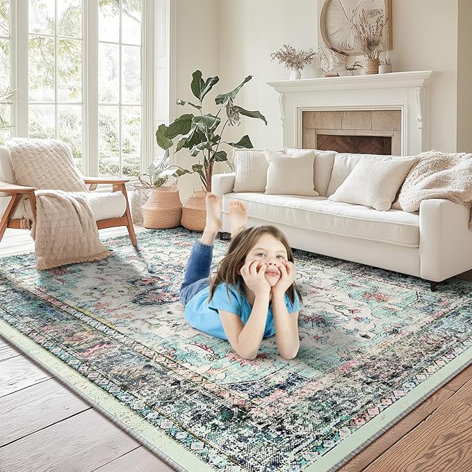 BESTSWEETIE 9x12 Area Rug Washable Rugs for Living Room, No Pile Boho Carpet for Entryway Bedroom Dinning Room, Vintage Carpet Print Distressed Non-Slip, 9 x 12 ft, Multi Navy Teal