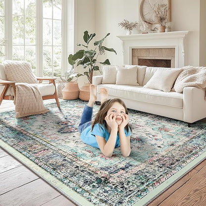 BESTSWEETIE 9x12 Area Rug Washable Rugs for Living Room, No Pile Boho Carpet for Entryway Bedroom Dinning Room, Vintage Carpet Print Distressed Non-Slip, 9 x 12 ft, Multi Navy Teal