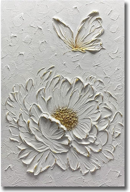 Boiee Art,30x45Inch Hand Painted Textured White Flower Oil Painting On Canvas Gold Acrylic Wall Art Abstract Landscape Paintings Stretched and Framed Ready to Hang