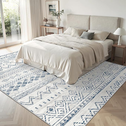 Miukiki 5x7 Area Rug for Living Room Moroccan Washable Rugs Non Slip Indoor Floor Carpet Foldable Large Soft Area Rug for Dining Room Bedroom with Low Pile(Blue,5'x7')