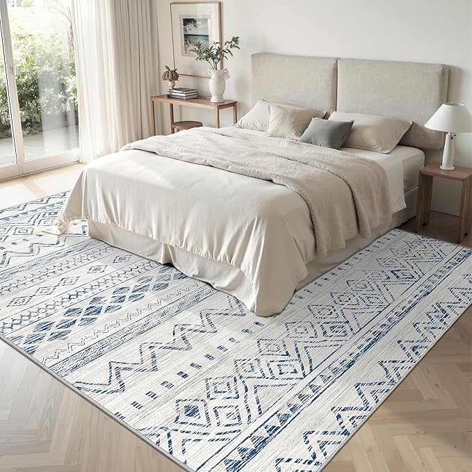 Miukiki 6x9 Area Rug for Living Room Moroccan Washable Rugs Non Slip Indoor Floor Carpet Foldable Large Soft Area Rug for Dining Room Bedroom with Low Pile(Blue,6'x9')