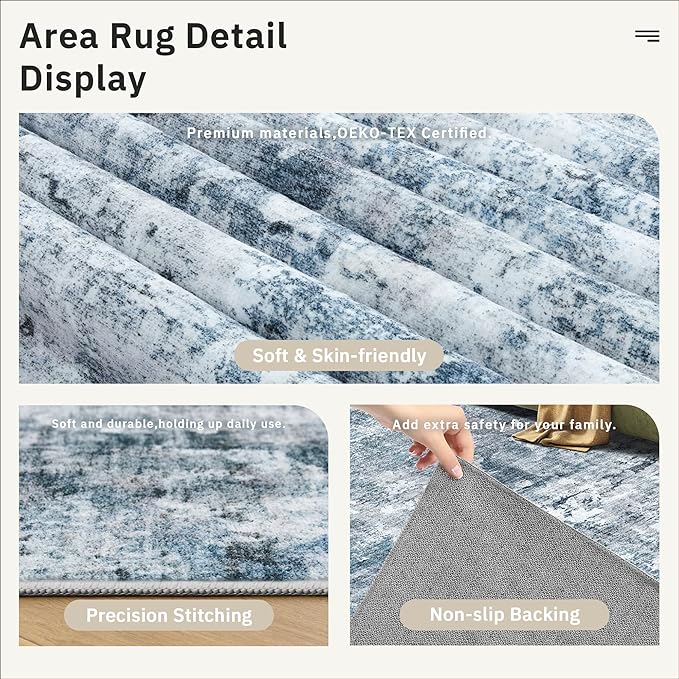 Soalmost Area Rug 6x9 Abstract Rugs for Living Room 6 x 9 Washable Rugs Blue Non Slip Low Pile Rugs for Bedroom Dining Room Foldable Thin