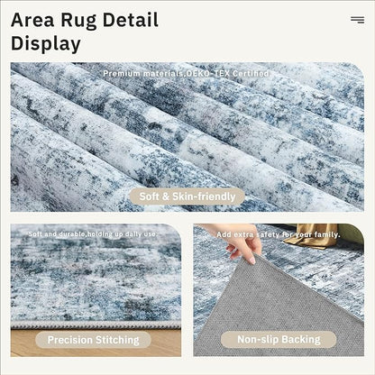 Soalmost Area Rug 10x12 Vintage Washable Living Room Large Carpet Non Slip Bedroom Indoor Office Dining Room Low Pile Thin Rug Blue/Grey