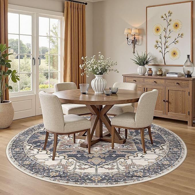 8ft Round Rug for Living Room: 8x8 Washable Vintage Blue Beige Area Rug, Large Non Slip Soft Stain Resistant Indoor Floor Carpet for Bedroom Dining Decor Home Office Kid & Pet Friendly