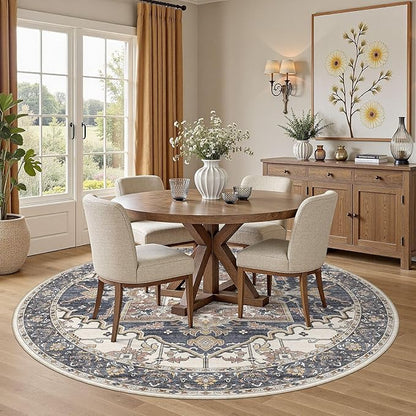 8ft Round Rug for Living Room: 8x8 Washable Vintage Blue Beige Area Rug, Large Non Slip Soft Stain Resistant Indoor Floor Carpet for Bedroom Dining Decor Home Office Kid & Pet Friendly
