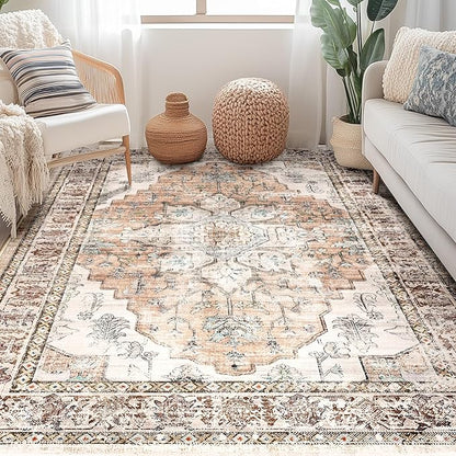 BESTSWEETIE 3x5 Area Rug Washable Rugs for Living Room, No Pile Boho Carpet for Entryway Bedroom Dinning Room, Vintage Carpet Print Distressed Non-Slip, 3 x 5 ft, Orange Pink Brown Earth Tones