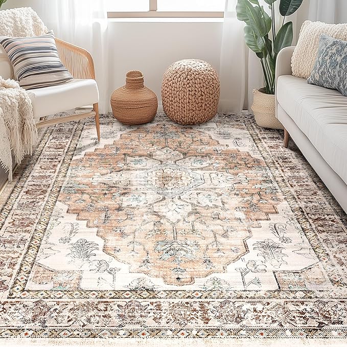 BESTSWEETIE 6x9 Area Rug Washable Rugs for Living Room, No Pile Boho Carpet for Entryway Bedroom Dinning Room, Vintage Carpet Print Distressed Non-Slip, 6 x 9 ft, Orange Pink Brown Earth Tones
