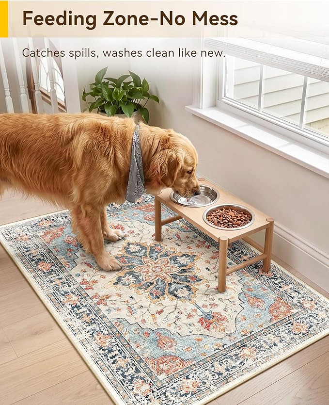RELEANY Area Rugs 2'x3' Washable Non-Slip, Floral Vintage Distress Print Pattern Medallion Carpet for Living Room Bedroom Dining Room, Beige Navy Blue Orange Colorful