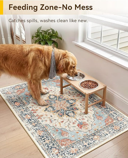 RELEANY Area Rugs 2'x3' Washable Non-Slip, Floral Vintage Distress Print Pattern Medallion Carpet for Living Room Bedroom Dining Room, Beige Navy Blue Orange Colorful