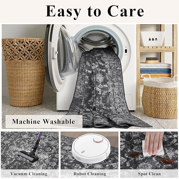 3x7 Black Runner Rug Hallway Washable Area Rugs Kitchen Vintage Boho Non Slip Long Rug Floral Carpet Indoor Retro Soft Low Pile Throw Rug for Bedroom Bathroom Laundry Dining Living Room Office