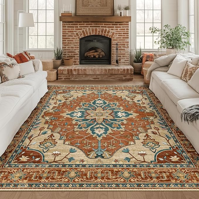 RELEANY Area Rugs Square 8ft Washable Non-Slip, Floral Vintage Distress Print Pattern Medallion Carpet for Living Room Bedroom Dining Room, Red Orange Blue Brown