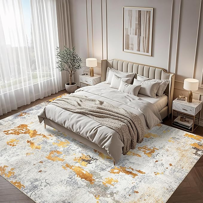 Washable 9x12 Area Rug: Modern Large Rugs for Living Room Dining Room Bedroom Office Indoor - Non-Slip Carpet Home Decor - Orange Gold Grey