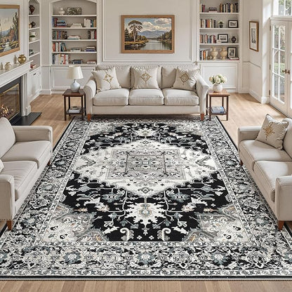 10x14 Washable Area Rugs for Living Room: Non Slip Vintage Black Rug, Large Soft Stain Resistant Indoor Floor Carpets for Bedroom Dining Room Nursery Home Office Kid & Pet Friendly