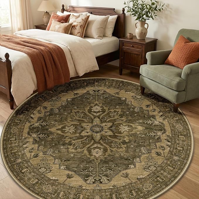 RELEANY Area Rugs Round 6ft Washable Non-Slip, Floral Vintage Distress Print Pattern Medallion Carpet for Living Room Bedroom Dining Room, Brown Dark Brown