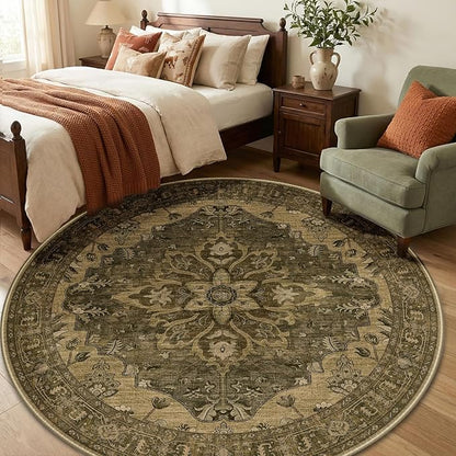RELEANY Area Rugs Round 6ft Washable Non-Slip, Floral Vintage Distress Print Pattern Medallion Carpet for Living Room Bedroom Dining Room, Brown Dark Brown
