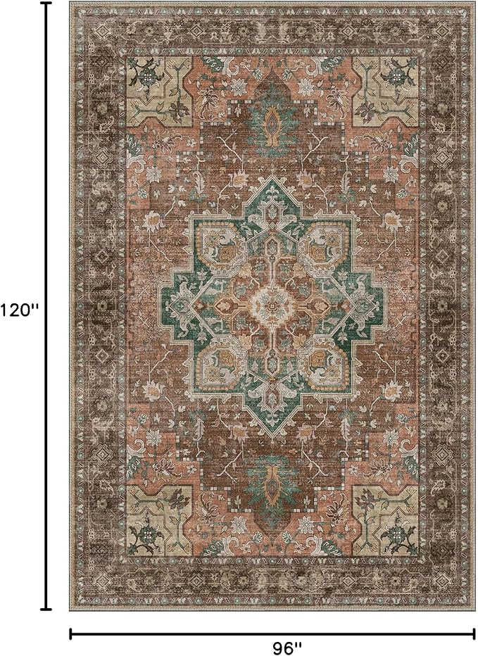 GENIMO 8x10 Area Rugs for Living Room, Machine Washable Non Slip Vintage Rugs, Low Pile Lightweight Chenille Print Rug for Bedroom, Dining Room, Home Office, Rosewood