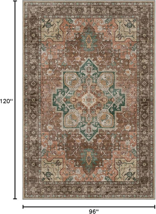 GENIMO 8x10 Area Rugs for Living Room, Machine Washable Non Slip Vintage Rugs, Low Pile Lightweight Chenille Print Rug for Bedroom, Dining Room, Home Office, Rosewood
