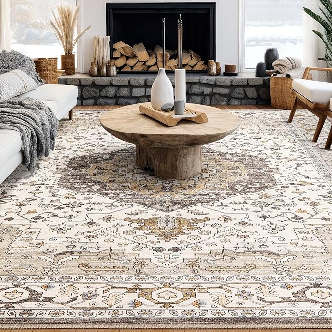 Area Rug for Living Room - 8x10 Soft Washable Oriental Vintage Floral Distressed Large Carpet - Fade Stain Resistant Non Slip Rugs for Bedroom Dining Room Nursery Dorm Office Home Decor-Camel/Beige
