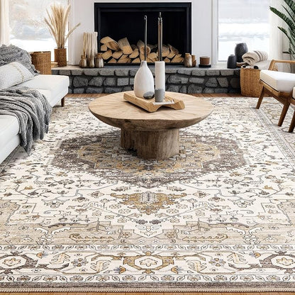 Area Rug for Living Room - 6x9 Soft Washable Oriental Vintage Floral Distressed Large Carpet - Fade Stain Resistant Non Slip Rugs for Bedroom Dining Room Nursery Dorm Office Home Decor-Camel/Beige