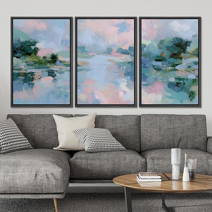 SIGNLEADER Framed Canvas Print Wall Art Set Soft Pastel Lake Landscape Illustrations Minimal Decorative Bohemian Nordic for Living Room, Bedroom, Office - 24"x36"x3 BLACK