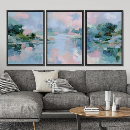 SIGNLEADER Framed Canvas Print Wall Art Set Soft Pastel Lake Landscape Illustrations Minimal Decorative Bohemian Nordic for Living Room, Bedroom, Office - 24"x36"x3 BLACK