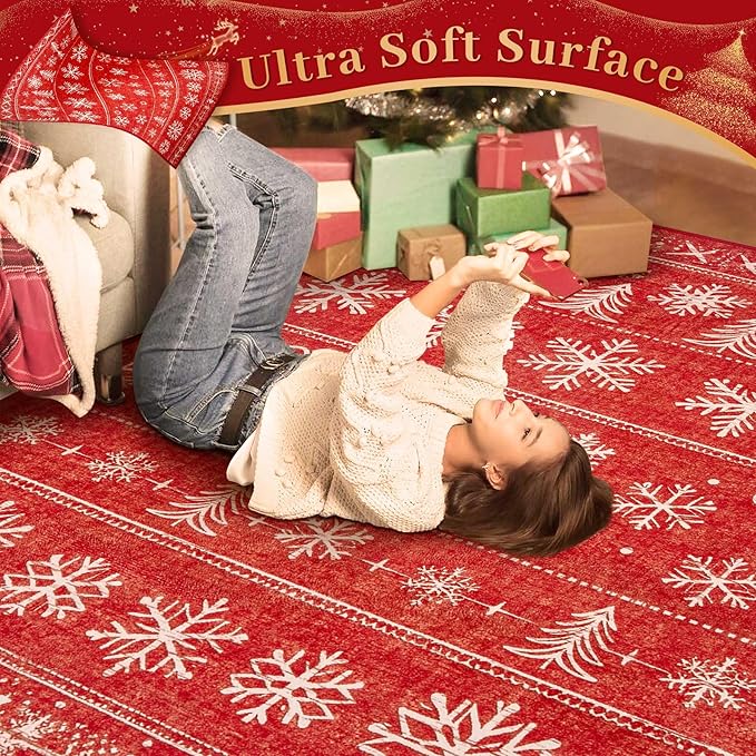 Christmas Area Rug 2x6 Runner Rugs: Washable Xmas Holiday Decor Hallway Rug Snowflake Low Pile Boho Rugs Long Indoor Floor Carpet for Kitchen Bedroom Dining Room(Xmas Red, 2'x6')