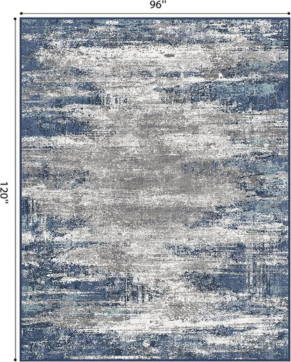 GENIMO 8x10 Area Rugs, Machine Washable Rugs for Living Room, Non Slip Indoor Modern Rug，Low Pile Lightweight Blue Print Carpet for Bedroom Dining Room Home Office, Blue Ivory
