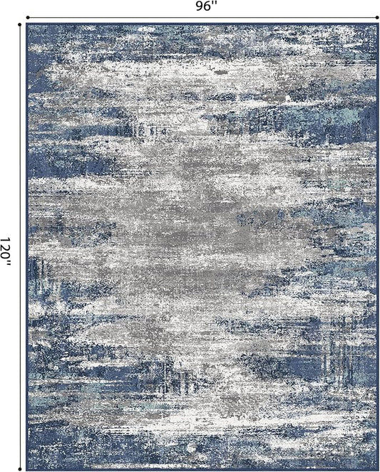 GENIMO 8x10 Area Rugs, Machine Washable Rugs for Living Room, Non Slip Indoor Modern Rug，Low Pile Lightweight Blue Print Carpet for Bedroom Dining Room Home Office, Blue Ivory