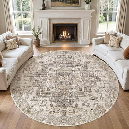 8x8 Round Area Rugs Washable Vintage - Soft Traditional Rugs for Living Room Large Non Slip Backing with Low Pile Farmhouse Oriental Retro Carpet for Bedroom Dining Room or Home Office - Light Brown
