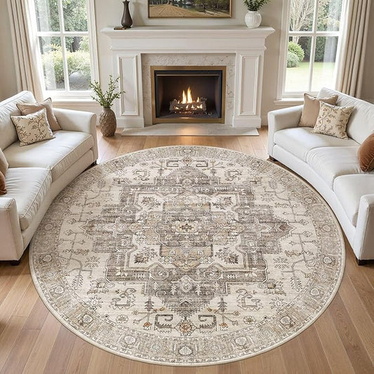 8x8 Round Area Rugs Washable Vintage - Soft Traditional Rugs for Living Room Large Non Slip Backing with Low Pile Farmhouse Oriental Retro Carpet for Bedroom Dining Room or Home Office - Light Brown