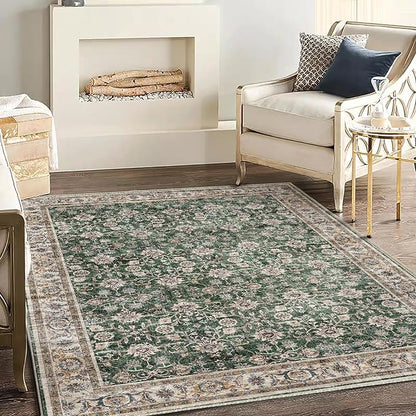 CHAMPLANT Washable Area Rug 4'x6' Vintage Traditional Floor Cover Foldable Thin Rugs Retro Kitchen Indoor Distressed Non Slip Carpet Floral Print Mat Bedroom Living Room