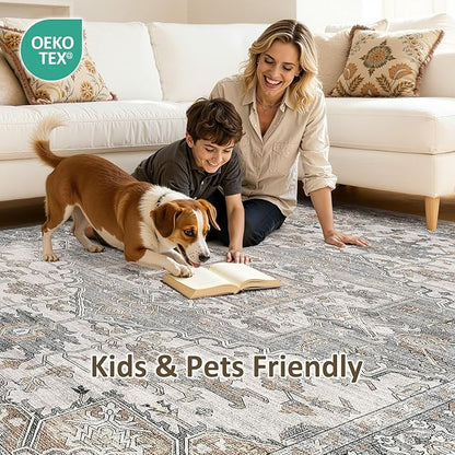 7x9 Washable Area Rugs for Living Room: Non Slip Vintage Gray Brown Rug, Large Soft Stain Resistant Indoor Floor Carpets for Bedroom Dining Room Nursery Home Office Kid & Pet Friendly