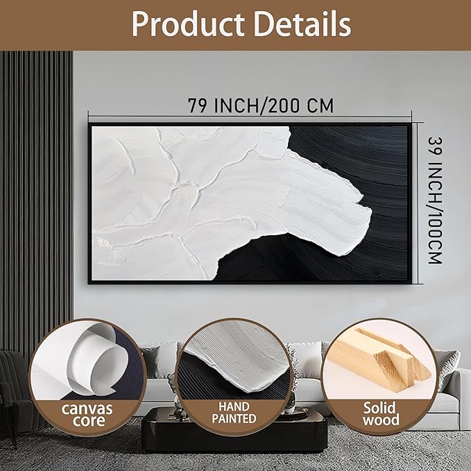 Tarfupth Black and White Abstract Wall Art for Living Room Hand-Painted Large Abstract Wave Oil Paintings Textured Artwork for Bedroom Office Home Decor 39x79 Inch