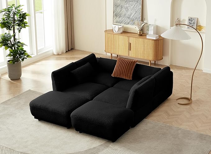 U Shaped Cloud Sectional, Convertible L Shaped Couch with Removable Ottomans,Modular Cloud Couch Sectional for Living Room (4 Set + 2 Ottomans - Black)
