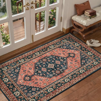 Tangsoo Vintage 2x4 Washable Rug for Entryway,Non Slip Kitchen Rugs Red Blue Indoor Front Door Rug Small Soft Throw Mat Low Pile Carpet for Porch Kitchen Bedroom Entrance Bathroom