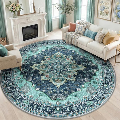 RELEANY Area Rugs Round 8ft Washable Non-Slip, Floral Vintage Distress Print Pattern Medallion Carpet for Living Room Bedroom Dining Room, Teal Green Lake Blue Turquoise
