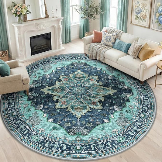 RELEANY Area Rugs Round 8ft Washable Non-Slip, Floral Vintage Distress Print Pattern Medallion Carpet for Living Room Bedroom Dining Room, Teal Green Lake Blue Turquoise