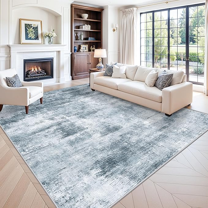 10x10 ft Square Living Room Rug – Washable Modern Abstract Area Rug for Bedroom, Dining Room, Playroom – Neutral Non-Slip Low-Pile Thin Indoor Carpet (Misty Blue Gray)