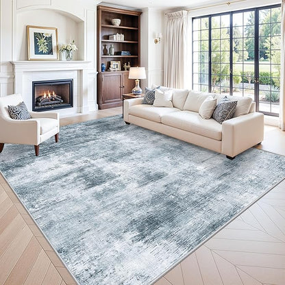 10x10 ft Square Living Room Rug – Washable Modern Abstract Area Rug for Bedroom, Dining Room, Playroom – Neutral Non-Slip Low-Pile Thin Indoor Carpet (Misty Blue Gray)