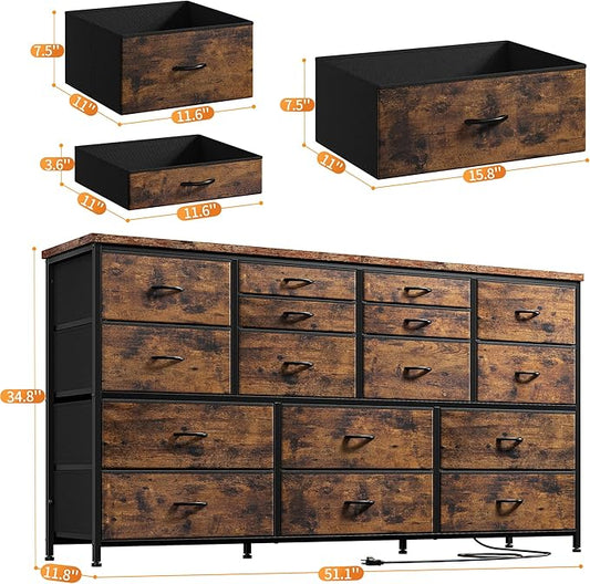 16 Drawers Long Dresser for Bedroom, 51"W Dressers with Power Outlets for 60"Inch TV for Living Room, Entertainment Center with Storage, Media TV Stand Console Table 51.1''W*11.8''D*34.8''H, Brown