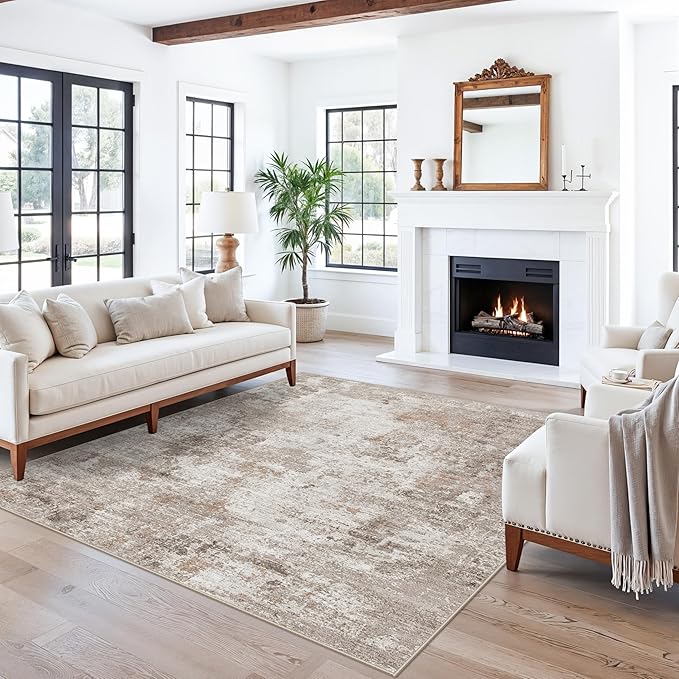 ZHXXUJ Washable 6x6 Square Area Rug – Non Slip Modern Abstract for Kitchen Dining Room Living Room – Low Pile Thin Soft Indoor Rug (Beige Grey)