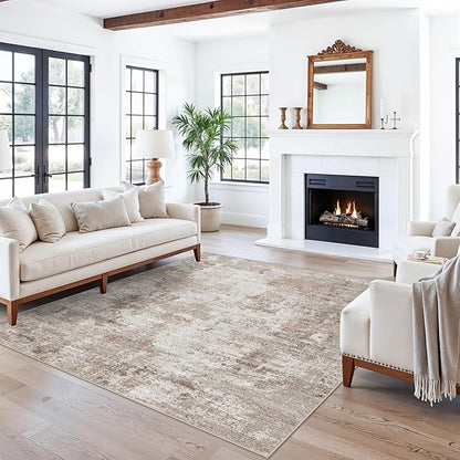 ZHXXUJ Washable 6x6 Square Area Rug – Non Slip Modern Abstract for Kitchen Dining Room Living Room – Low Pile Thin Soft Indoor Rug (Beige Grey)
