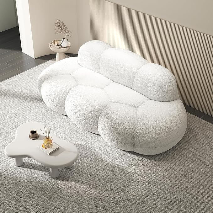 Modern Curved Sofa, 3 Seater, Soft Sherpa Upholstered Sofa, Minimalist Style Comfy Cloud Couch for Living Room Apartment, White