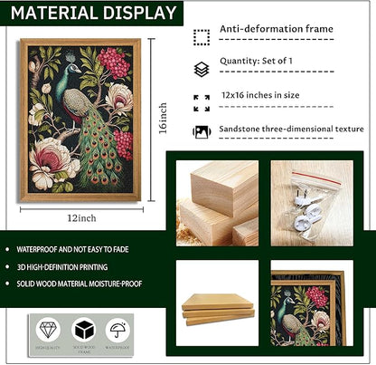 Framed Vintage 3D Textured Wall Art, Hand Drawn Sandstone Peacock Wall Decor, Modern Farmhouse Decor, Rural Botanical Floral Picture Painting Artwork for Living Room Bedroom 12x16 inch