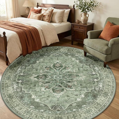 RELEANY Area Rugs Round 6ft Washable Non-Slip, Floral Vintage Distress Print Pattern Medallion Carpet for Living Room Bedroom Dining Room, Dark Green Gray