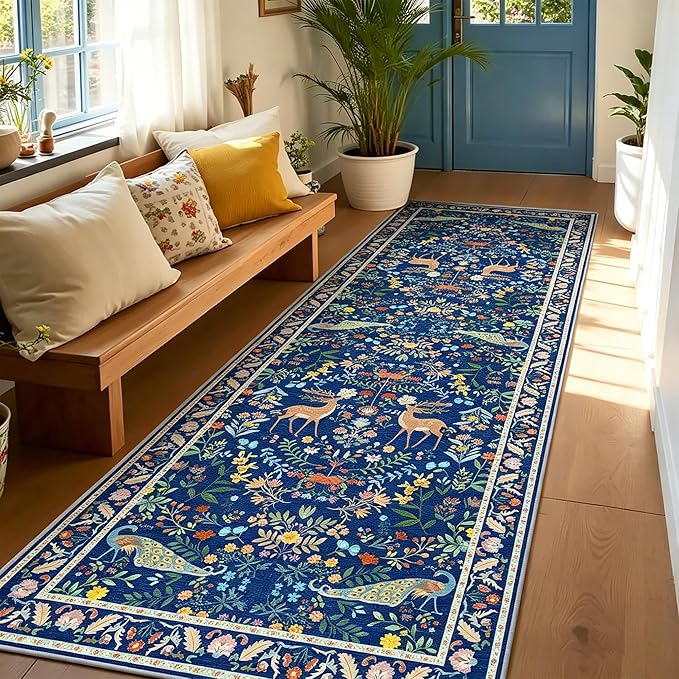 2x6 Blue Entryway Runner Rugs Washable Non Slip Runners for Hallway, Kitchen, Mudroom, Laundry Room, Stain Resistant Ultra Soft Non Skid, Nature Floral Design Indoor Decor