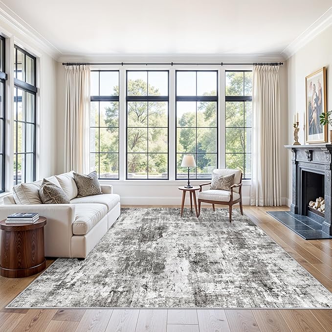8x8 Square Area Rug Living Room – Non-Slip Washable Large Floor Carpet for Bedroom Dining Room Playroom Room – Modern Abstract Neutral Thin Low-Pile Big Indoor Rug (Grey)