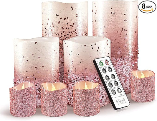 FURORA LIGHTING Pink Glitter Flameless Candles - Real Wax, Adjustable Brightness, Remote & Timer - 4 Pillars (3x4, 3x6) and 4 Votives, 8-Pack, Battery Operated